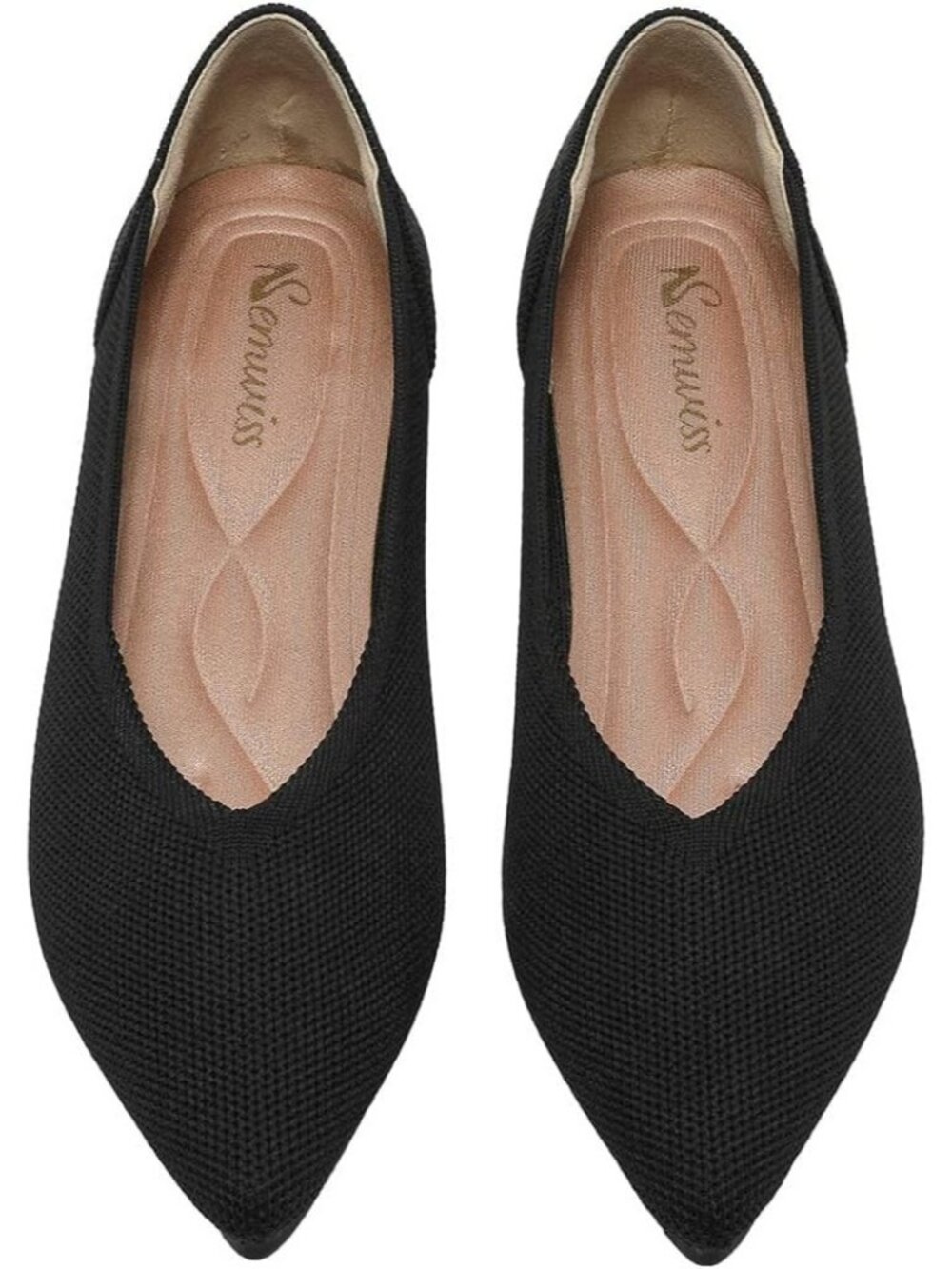 Women's Black Rubber Pointed Toe Knit Ballet Flats Comfortable Casual Work Shoes